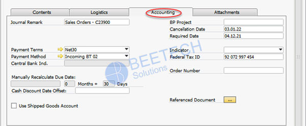 Tab Accounting – Thông tin kế toán