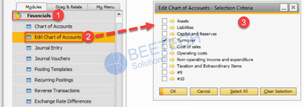 Màn hình Edit Chart of Accounts – Selection Criteria